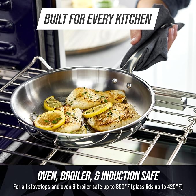 Blue Diamond Pro Steel 12" Tri-Ply Stainless Steel Frying Pan with Lid | Multi Clad Skillet, Induction & All Stovetop Suitable, Mirror Polished Finish, Dishwasher Safe, Oven Safe to 850F, Silver