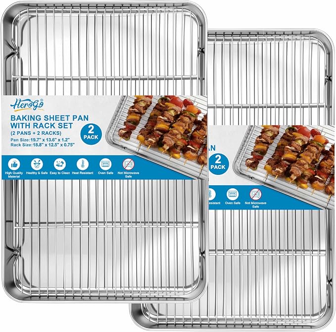 Herogo Large Baking Sheet with Wire Rack Set(2 Pans + 2 Racks), 20 x 14 x 1 Inch Stainless Steel Metal Cookie Pan Set for Baking & Roasting, Rust & Warp Resistant & Nonstick