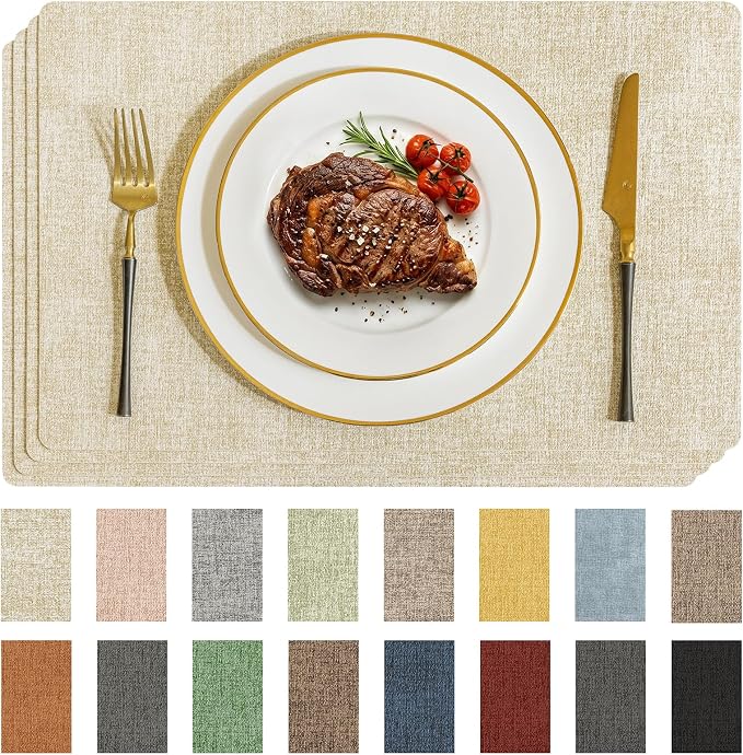 Romanstile Vinyl Placemats Set of 12-12 X 17 Inch - Faux Leather 100% Waterproof Wipeable Anti Slip Place Mats, Heat Resistant Reversible PU Table Mats for Kitchen Dining Party Outdoor, Beige