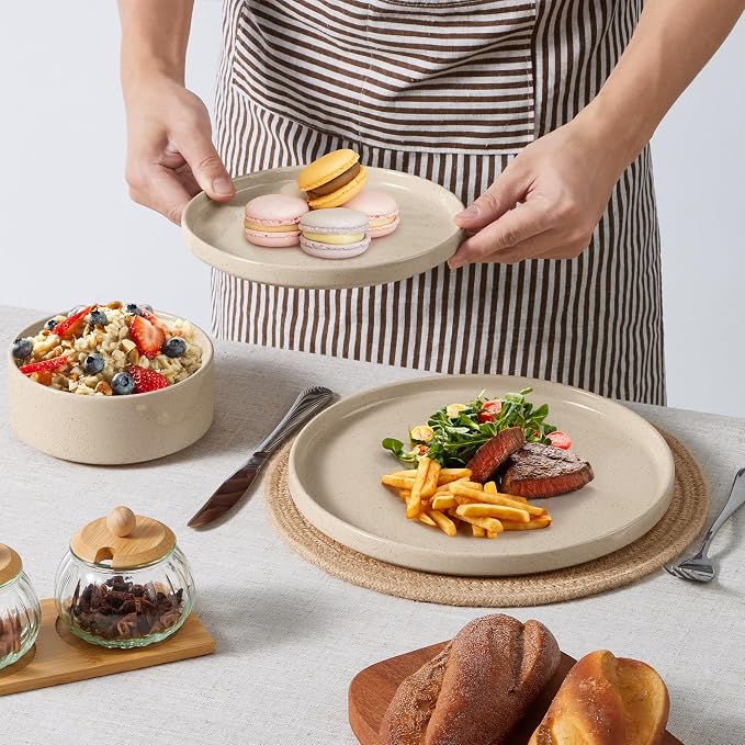 E-far 6-Piece Stoneware Dinnerware Sets, Plates and Bowls Set for 2, Khaki | Kitchen Modern Dishes Set for Everyday & Formal, Chip and Scratch Resistant, Microwave & Dishwasher Safe, Speckled Khaki