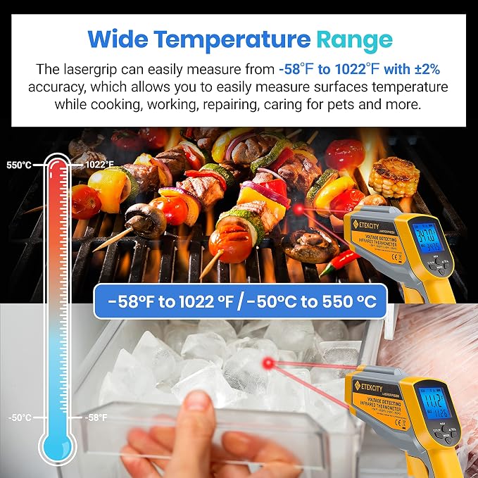 Etekcity Infrared Thermometer 1025D (Not for Human) Dual Laser Temperature Gun-58℉~1022℉ (-50℃~550℃) with Adjustable Emissivity, Non-Contact Voltage Tester (NCV), Standard Size, Yellow & Gray | Pizza Oven, Griddle, BBQ, Meat, HVAC, Engine, Electricians...
