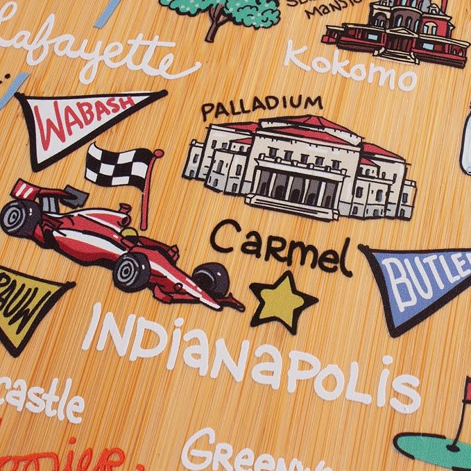 Totally Bamboo Indiana State Shaped Cutting Board, Art by Fish Kiss | State charcuterie board with colorful hand-drawn map artwork. Smooth reverse side for food prep. Hang tie for wall display.