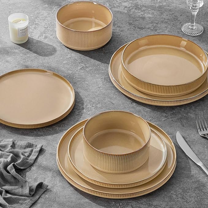 LIANYU 24 Piece Dinnerware Plates and Bowls for 6, Ceramic Elegant Stoneware Dishes Sets with Pasta Bowls, Modern Ribbed Dining Ware Dishware for Restaurant Wedding, Dishwasher Safe, Dune Khaki
