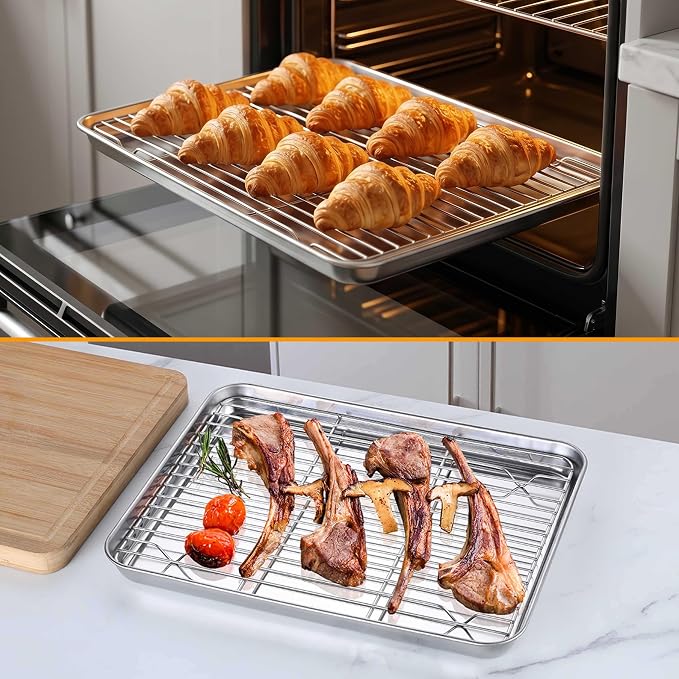 Homikit Quarter Sheet Pan with Wire Cooling Rack (1 Pan+1 Rack), Nonstick | 10x12 Inch Stainless Steel Baking Sheet with Rack, Small Cookie Pans for Toaster Oven, Metal Bacon Tray Dishwasher Safe