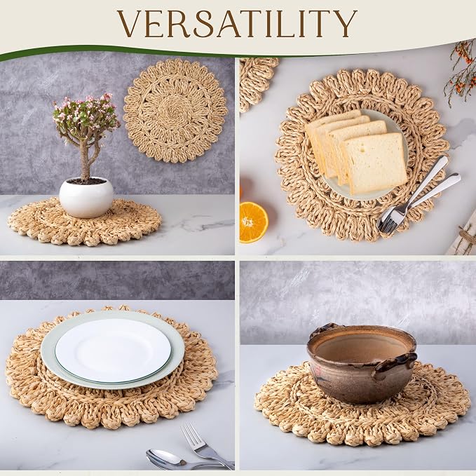 15" Corn Husk Woven Round Placemats Set of 4 - Wicker Boho Farmhouse Placemats - Rattan Table Mats Like Water Hyacinth for Dining Table, Wedding, Home, Christmas, Party
