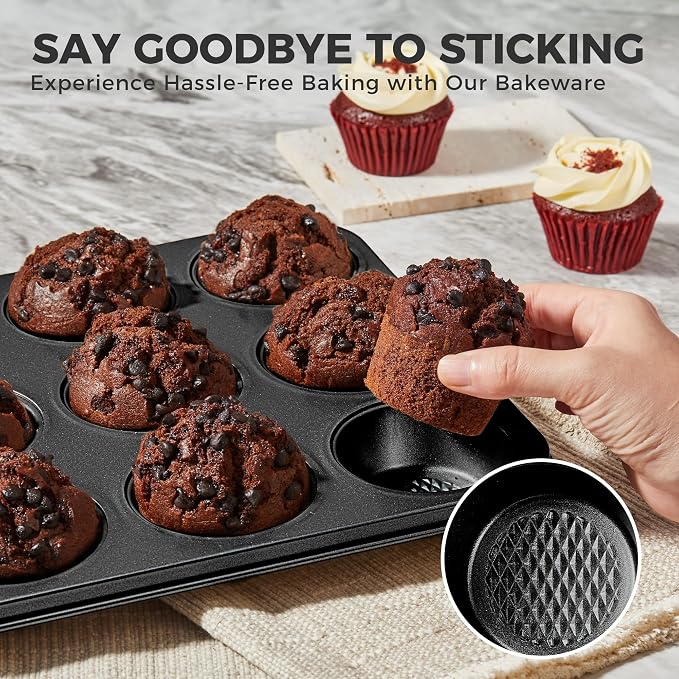 9-Piece Baking Pans Set Nonstick, Stackable Non Toxic Bakeware Sets with Diamond Texture, Oven Pan Set for Cooking, Includes Cookie Sheet with Rack, Cake Pan, Roasting Pan, Muffin Tin, Gray