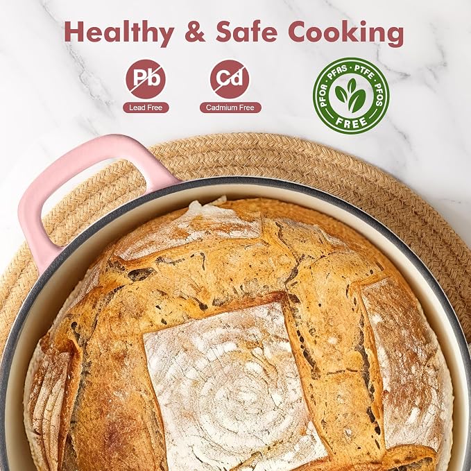 SENSARTE Enameled Cast Iron Dutch Oven Pot with Lid 3.5/5.5/6.5 Quart Heavy-Duty Round Dual Handles Kitchen Pot with Cotton Potholders & Silicone Trivet, Pot for Bread Baking, Stews, Braising, Roasting, Oven Safe, 5.5 Quart, Pink