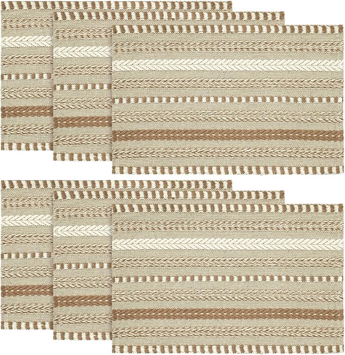 Artoid Mode Light Coffee Farmhouse Woven Braided Stripe Placemats Set of 6,12x18 Inch Seasonal Holiday Table Mats Party Kitchen Dining Decoration