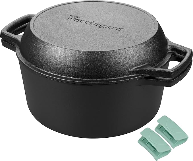 Pre-seasoned Cast Iron Double Dutch Oven Pot with Skillet Lid, Dual-handle, for Bread Baking, Outdoor, Campfire Cooking, 5 Quart