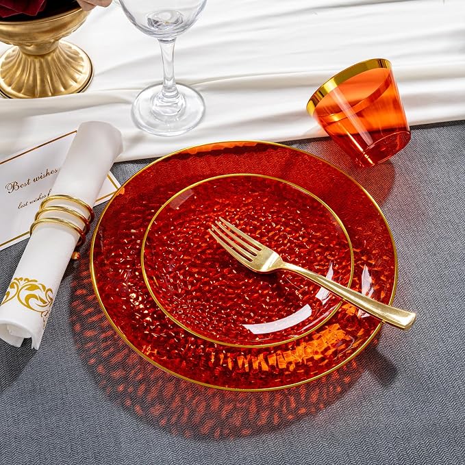 DaYammi 175PCS Clear Red Plastic Dinnerware Set, Hammered Disposable Plates for Mother's Day Party, Include: 25 Dinner Plates 25 Dessert Plates 75 Gold Silverware 25 Napkins 25 Cups for Wedding