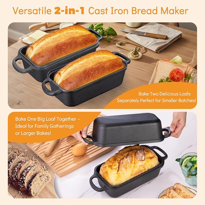 GRMImosa Cast Iron Loaf Pan with Lid, Pre-Seasoned 9x5" Sourdough Pan | Cast Iron Loaf Pan with Lid, Heavy-duty 9x5 Inch Baking Pan for Sourdough Bread, 2-in-1 Design, Even Heat Distribution, Black