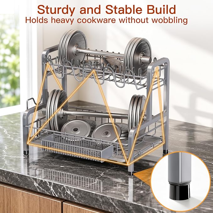 2 Tier Large Stainless Steel Dish Drying Rack for Kitchen Counter | Big Dish Drainer with Drainboard, Cup & Utensil Holder, Space Saving Rustproof Countertop Metal Plate Dryer Rack, Fast Drain