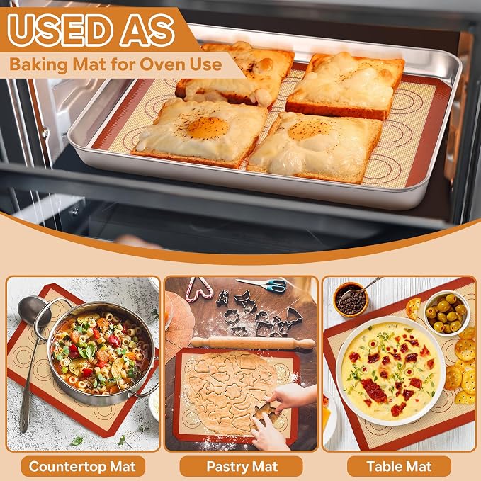 P&P CHEF 11.6 Inch Silicone Baking Mat, 2Pcs Non-stick Silicone Oven Mats | Reusable Baking Supplies for Macaroon Pastry Bread Dough Cookie Pizza, Good for Roasting Kneading, Fit Well with Sheet Pan