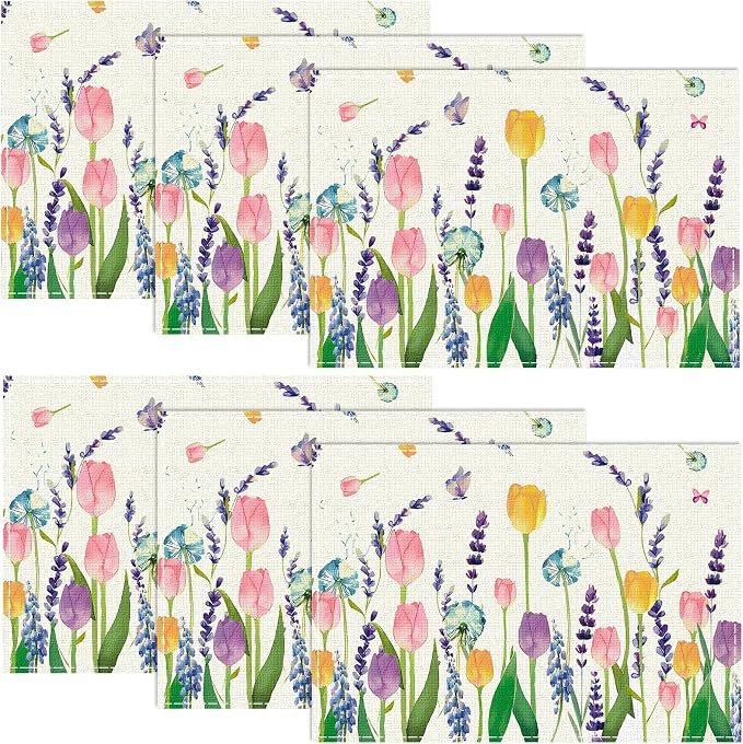 Floral Spring Placemats Set of 6, Easter Placemats Tulip Butterfly Table Mats Spring Table Decorations for Home Party 12x18 Inch
