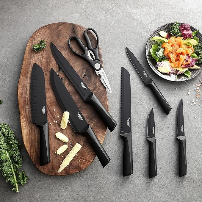 Stainless Steel Knife Set, Knife Block Sets with Built-in Sharpener,15-Piece Block Set with Block and Ergonomic Handles