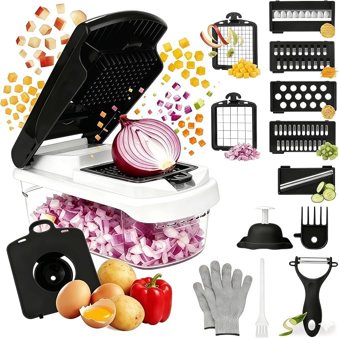 Stainless Steel Mandoline Slicer, Safe Veggie Dicer Kitchen Prep Tool | Multi stainless steel blades with safety guard, detachable structure for quick fruit and vegetable cleaning
