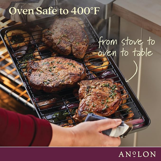 Anolon Advanced Home Hard Anodized Nonstick Double Burner Griddle/Grill Pan with Roasting Rack, 10 Inch x 18 Inch, Bronze