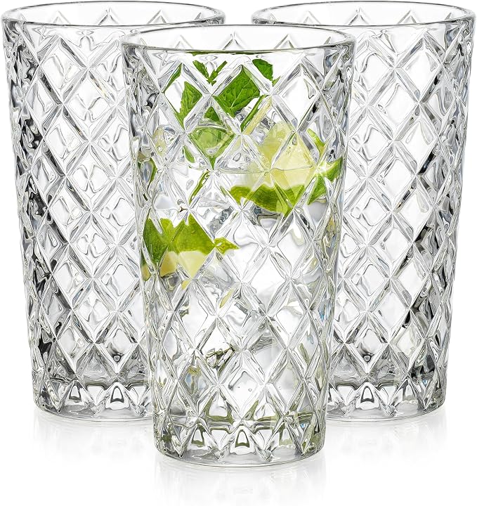 Glaver's Drinking Glasses - Set of 10-14oz. Highball Glass Cups - Dishwasher Safe Cocktail - Diamond Cut Shape - Tall Beer Glasses, Water Glasses, Bar Glass, Wine, Juice, Iced Tea