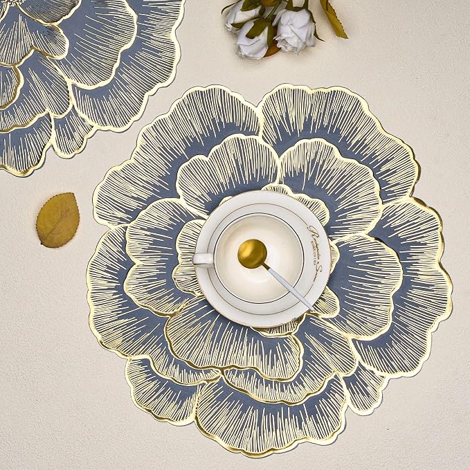 Gold Flower Placemats Set of 6 Pressed Vinyl Table Mats for Dining Table | Round Blue Centerpiece Decor Washable Waterproof Non Slip 15 Inch For Wedding Birthday Party Restaurant
