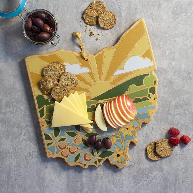 Totally Bamboo Ohio State Shaped Cutting Board, Summer Stokes Art | State charcuterie board with colorful hand-drawn landscape art. Smooth reverse side for food prep. Hang tie for wall display.