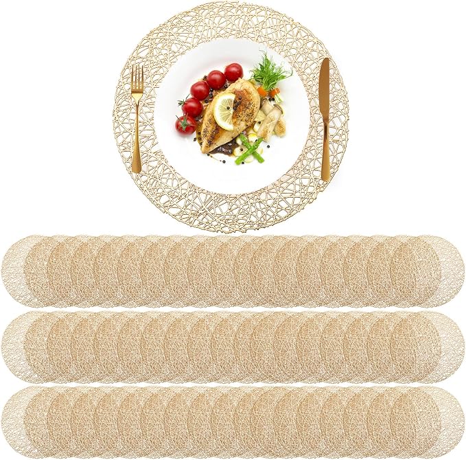 Sieral 60 Packs Round Placemats 15 Inch Hollow Out Pressed Vinyl,Gold | Heat Resistant Woven Texture, Easy Clean for Christmas Dinner Party, Wedding Holiday Centerpiece Dining Table Decor