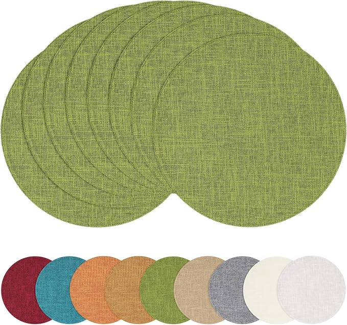 Cotton Linen 15 Inch Round Cloth Place mats, Set of 8, Grass Green | Washable Table Mats, Heat Resistant, Reversible, Wipeable Place Mats for Indoor Outdoor