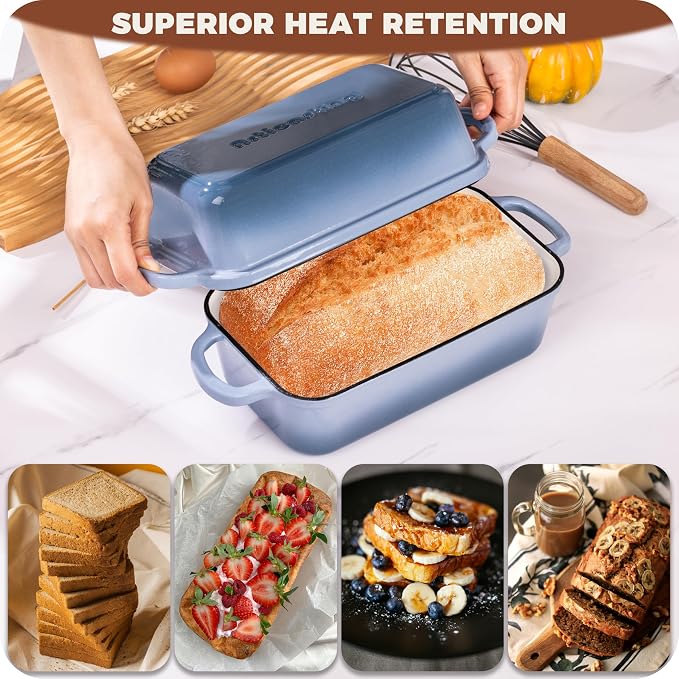 Cast Iron Loaf Pan with Lid, 9x5 Loaf Pans for Homemade Bread | Cast Iron Bread Pan for Sourdough Baking, 9x5 Loaf Pan with 2-In-1 Design, Even Heat Distribution, Sea Salt Enameled