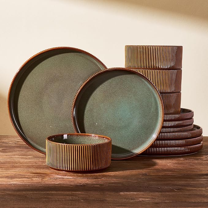 Stoneware Dinnerware Set for 4, Green Brown Reactive Glaze | 12 pcs Ceramic Plates and Bowls, Handmade Ribbed Dishes, Everyday Use, Microwave & Dishwasher Safe, Chip & Scratch Resistant