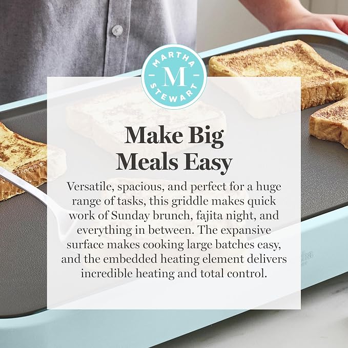 Martha Stewart 12"x 22" XL Electric Griddle, Ceramic Nonstick Flat Top | PFAS-Free Nonstick Grill, XL Cooking Surface for Pancakes & Eggs, Adjustable Temp Dial, Drip Tray, 1500W Heating, Sky Blue
