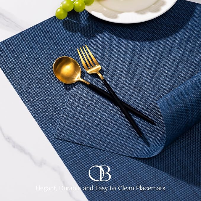 Placemats Set of 12 - Easy Clean Woven Vinyl Placemats for Dining Table, Indoor/Outdoor Place Mats, Washable PVC Table Mats（Navy Blue）
