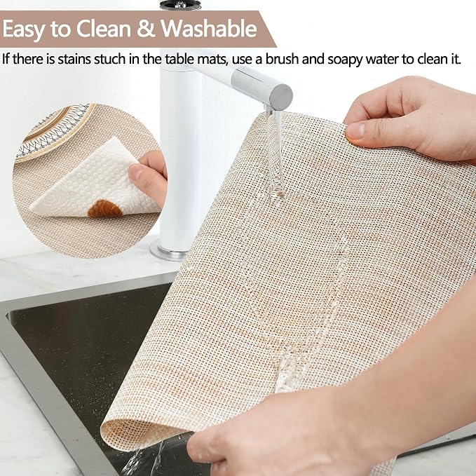 SLKQG Beige Placemats Set of 4 - Easy Clean Washable Vinyl Placemats - Wipeable Heat Resistant Table Mats for Dining Table - 17.7x11.8 Inch (4, Beige)