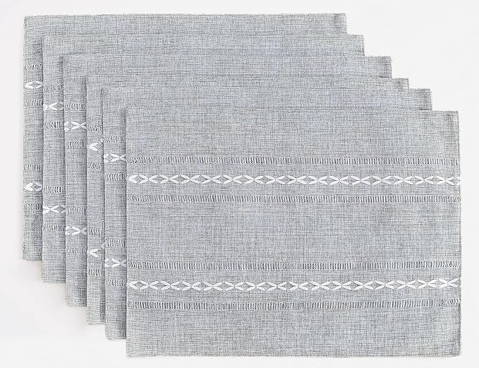Wracra Cotton Linen Place Mats, Grey Embroidered Placemats Set of 6 | Placemats 12 x 18 Inch; Cotton Linen Woven Fabric; Heat Resistant Table Mats; Raised Embroidered Hollow Design