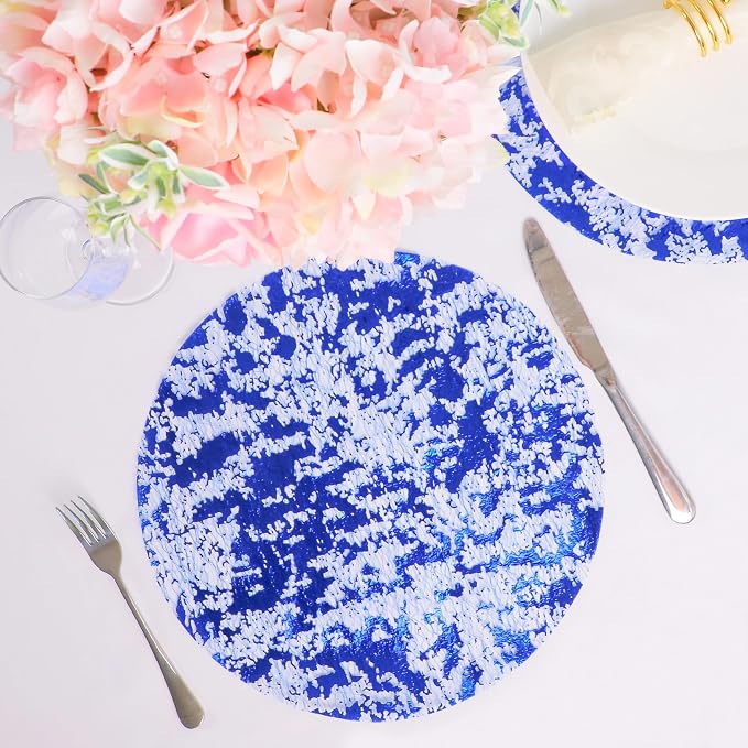 Snowkingdom Disposable Royal Blue Round Placemats Set of 24 Metallic Glitter Foil Mesh Dinning Table Place Mates Blue Doilies 13 Inch for Christmas Wedding Birthday Summer Party Holiday Decorations