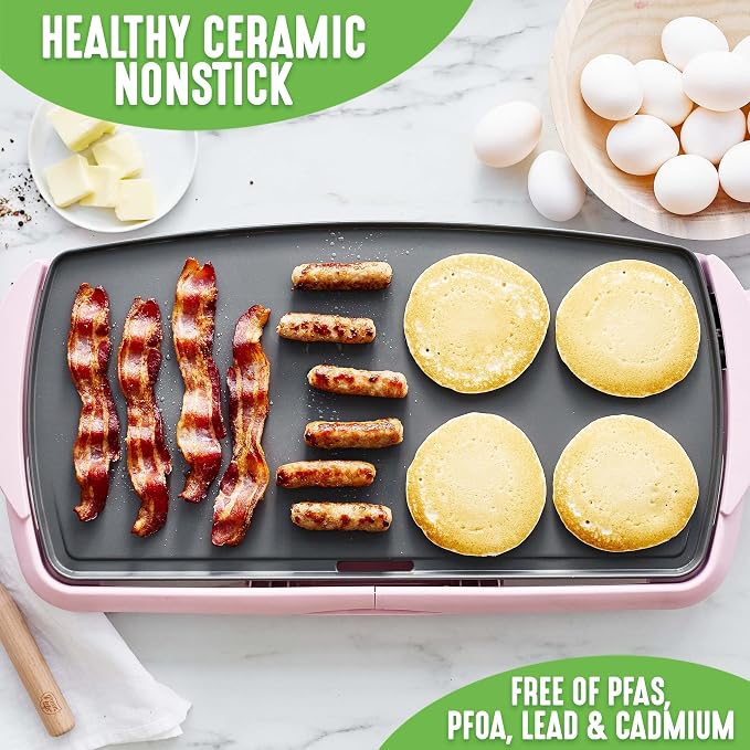 GreenLife 20" Extra Large Electric Griddle, Pink | PFAS-Free Ceramic Nonstick Coating, Temperature Control, Removable Dishwasher Safe Drip Tray, Pancakes, Eggs, Omelet, Burgers