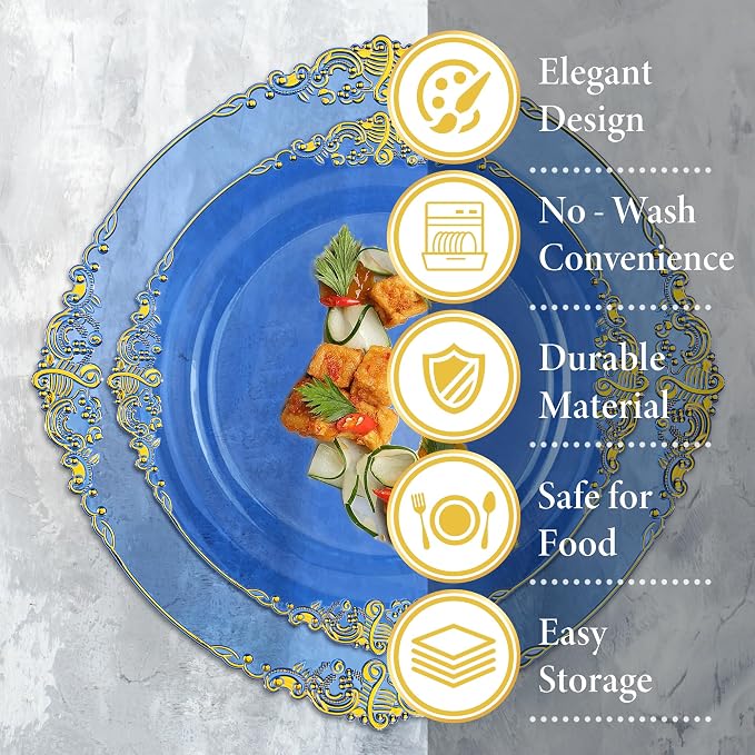 Nervure 175Pcs Blue Plastic Plates, Disposable Party Plates for 25 Guests | 25 7.5" Dessert & 25 10.25" Dinner Plastic Plates, 75 Gold Cutlery, 25 9oz Cups, 25 Napkin for Wedding & Party, Heavy-duty