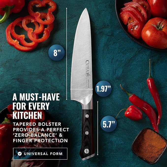 Cutluxe Chef Knife 8" – German High Carbon Steel Kitchen Knife, Full Tang | Ergonomic handle with sheath included; hand-sharpened blade at 56 HRC; slices meat, sushi and vegetables with ease