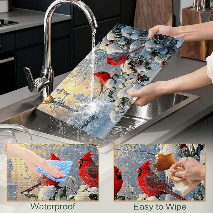 Table Placemats Set of 6,Winter Cardinal Birds Cloth Placemats,Christmas Holiday Heat-Resistant Table Mats for Kitchen Dining Room Decoration,Non-Slip Fabric Place Mats 11.8x17.7 Inch