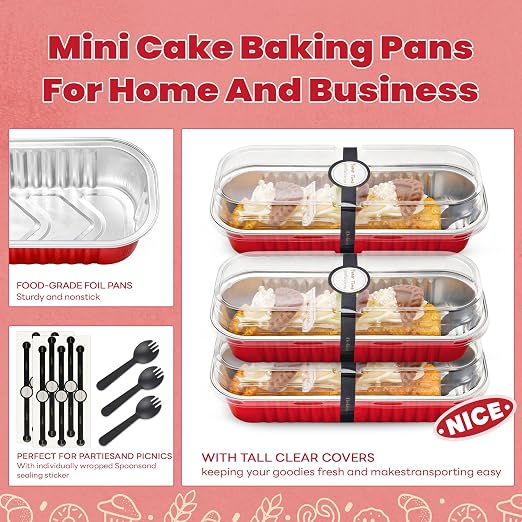 NPLUX Mini Loaf Pans with Lids, 50 Pack Red 6.8oz for Dessert Tables | Use for tasting samples, dessert bars, fruit cups and brownies; cover-after-cooling setup helps cut repacking steps.