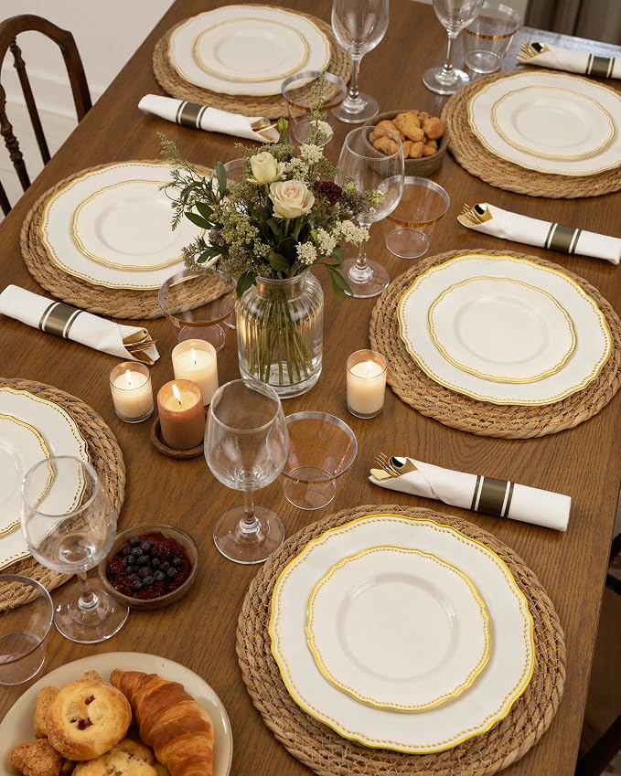 175 Pcs Ivory Gold Plastic Plates Wedding & Party | Gold Plastic Dinnerware Set Includes 25 Dinner Plates, 25 Dessert Dinnerware, 25 Cups, 25 Napkins Perfect