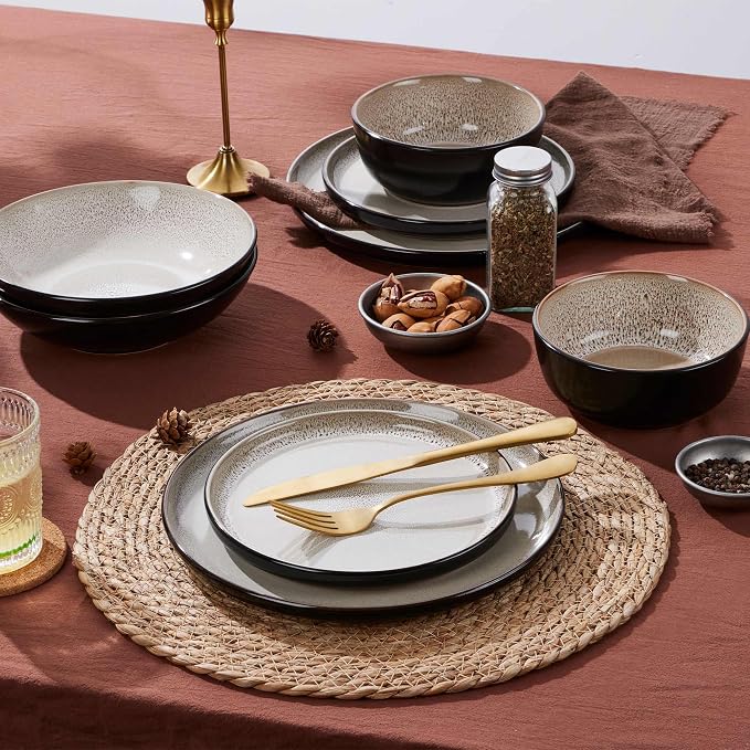 LIANYU Ceramic Dinnerware Set, 12 Piece Plates and Bowls for 4, Tidal Khaki | Porcelain Ceramic Dishes Set, Dishwasher & Microwave Safe Stoneware, Chip and Scratch Resistant Kitchen Dishware Set