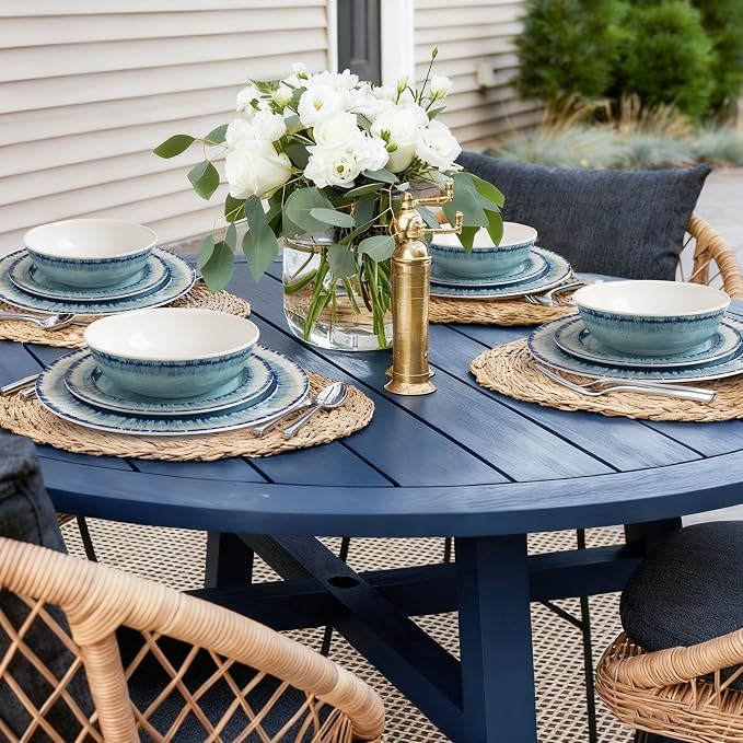 Melamine Dinnerware Set of 12 Pcs Dinner Dishes Set for Indoor and Outdoor Use, Dishwasher Safe, Lightweight Unbreakable, BPA Free, Light Blue