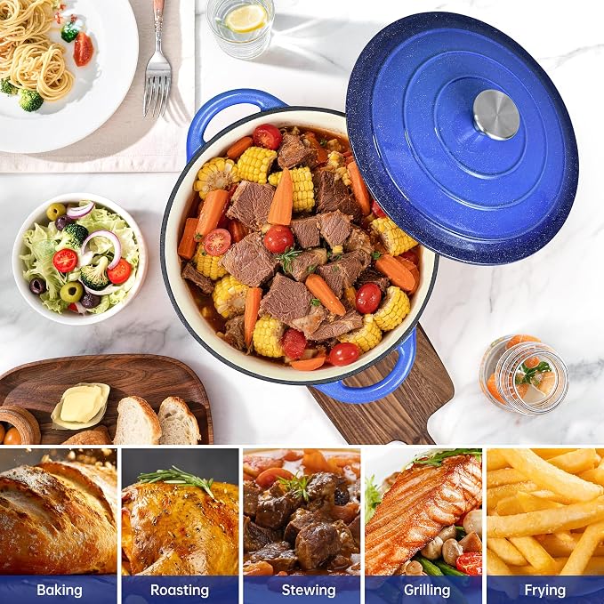 5 QT Enameled Cast Iron Dutch Oven Pot with Lid & Gold Powder | Dutch Oven for Sourdough Bread Baking, Braising, Stews, Roasting, Oven Safe up to 500° F, Blue Kitchen Cookware with Handls