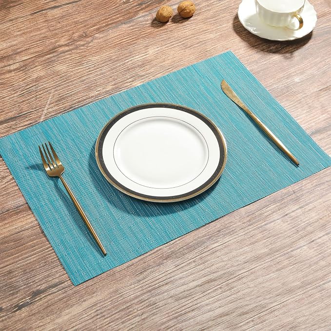 SHACOS Woven Vinyl Placemats Set of 4 Non Slip Heat Resistant Place Mats Durable PVC Stain Resistant Wipe Clean Indoor Outdoor Table Mats (4, Teal Blue)