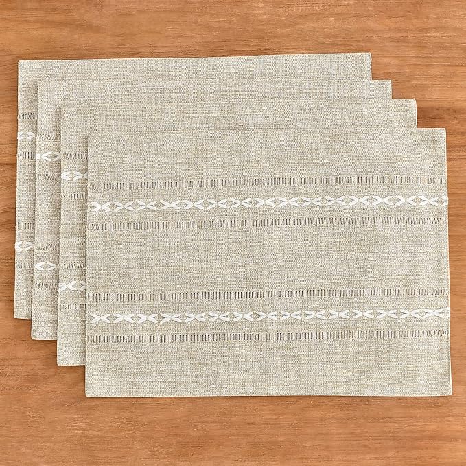 Wracra Cotton Linen Place Mats, Coffee Embroidered Placemats Set of 8 | Placemats 12 x 18 Inch; Cotton Linen Woven Fabric; Heat Resistant Table Mats; Raised Embroidered Hollow Design