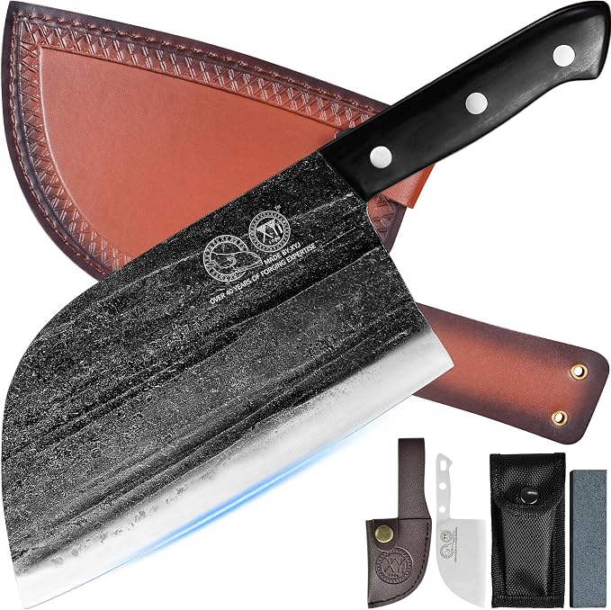 XYJ Authentic Since 1986,Outstanding Ancient Forging, 7.5 Inch Full Tang, Serbian Chefs knife,Chef Meat Cleaver,Kitchen Knives,Set with Leather Sheath,Take Carrying,Butcher