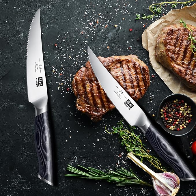 SHAN ZU 6 Pc Steak Knife Set, 4.5 In High Carbon Japanese Super Steel | Ultra Sharp Kitchen Steak Knife with K133 Ergonomic Handle, Black Tortoise Genbu Series