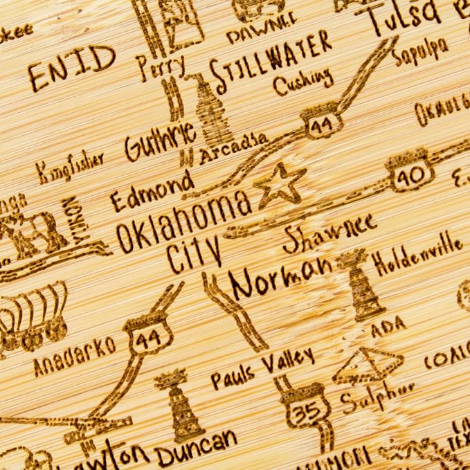 Totally Bamboo A Slice of Life Oklahoma Engraved Map Cutting Board | 11” x 8.75” charcuterie board with engraved state map artwork. Smooth reverse side for food prep. Hang tie for wall display.