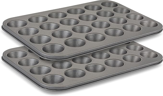 Mini Muffin Pan 24 cup, Set of 2 - Non-Stick Carbon Steel Mini Cupcake Pan Multipack - Heavy Duty 48 Cavity Metal Baking Tray, Warp-Resistant, PFOA Free
