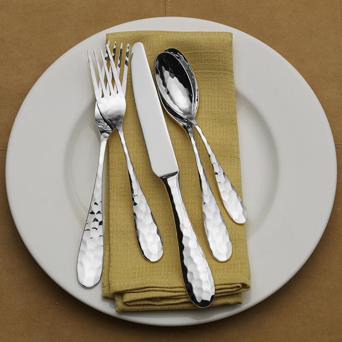 Mikasa Lilah 18/10 Stainless Steel Flatware Set, 45-Piece Silverware Set for 8 with Serving Utensils, Hammered Design, Dishwasher Safe
