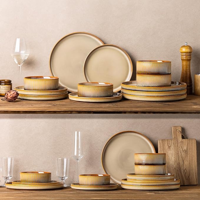Ceramic Dinnerware Set for 8, 24-Piece Plates and Bowls Set | Lightweight Porcelain Dish Set, Scratch Resistant, Oven & Microwave & Dishwasher Safe, Creamy Amber